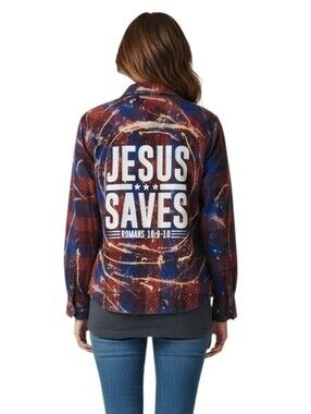 Jesus Saves Repurposed Christian Theme Plaid Shirt, XL